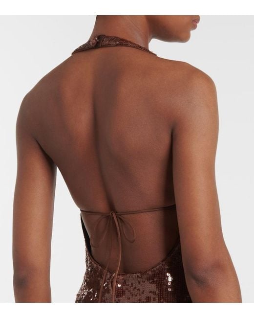 The New Arrivals Ilkyaz Ozel Brown Coralie Sequined Halterneck Gown