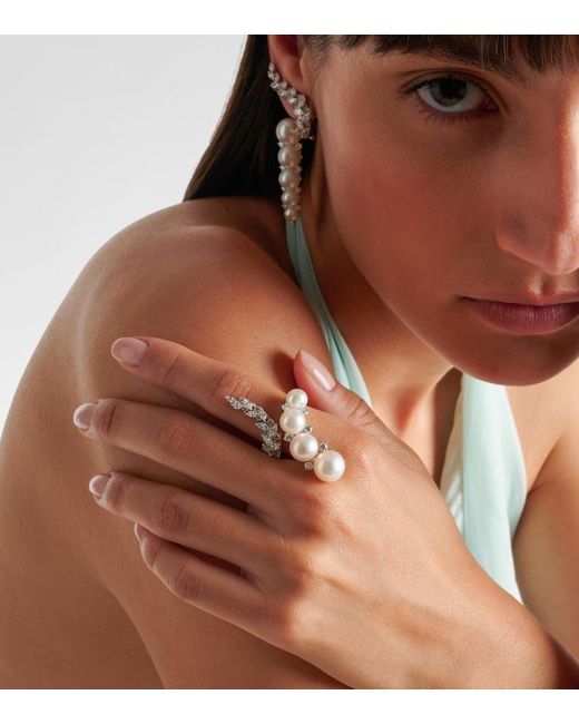 YEPREM White Pearlescent 18Kt Ring With Diamonds And Freshwater Pearls