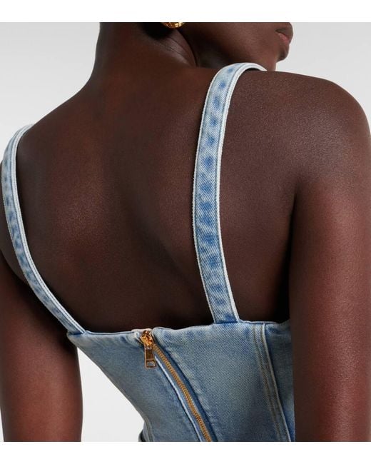 Balmain Blue Cropped-Bustier-Top Aus Denim