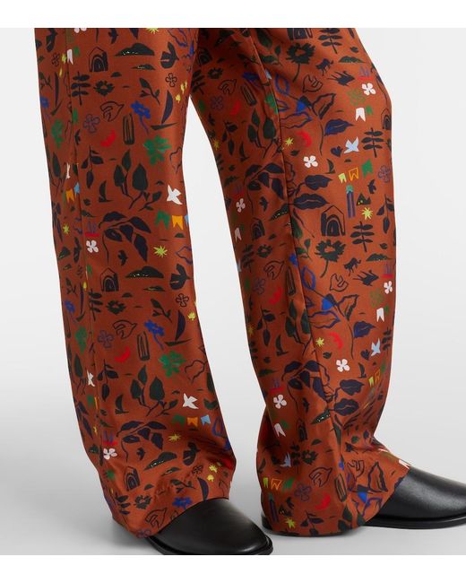 Asceno Brown Aurelia Printed Silk Twill Wide-Leg Pants