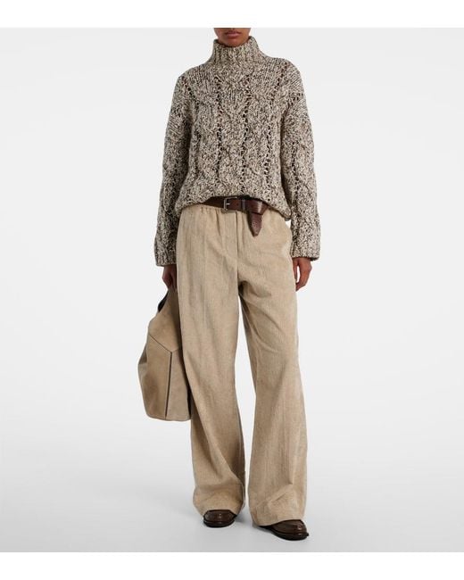Brunello Cucinelli Natural High-Rise Cotton Corduroy Wide-Leg Pants