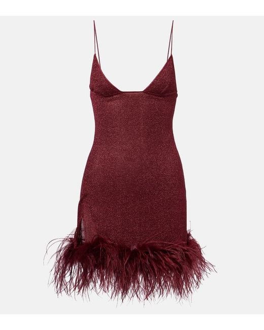 Oseree Red Lumiere Feather-Trimmed Minidress