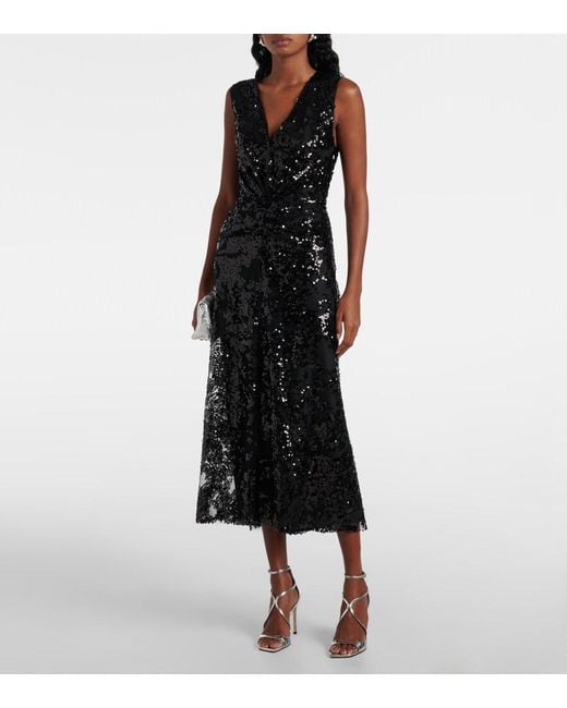 Victoria Beckham Black Sequined Gathered Midi Dress