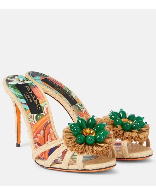Dolce & Gabbana Green Taormina 90 Embellished Raffia Mules