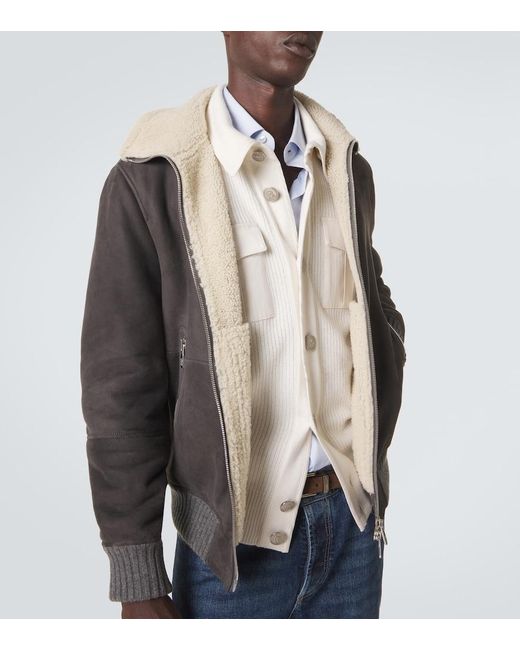 Brunello Cucinelli Gray Cashmere-Trimmed Shearling Blouson Jacket for men