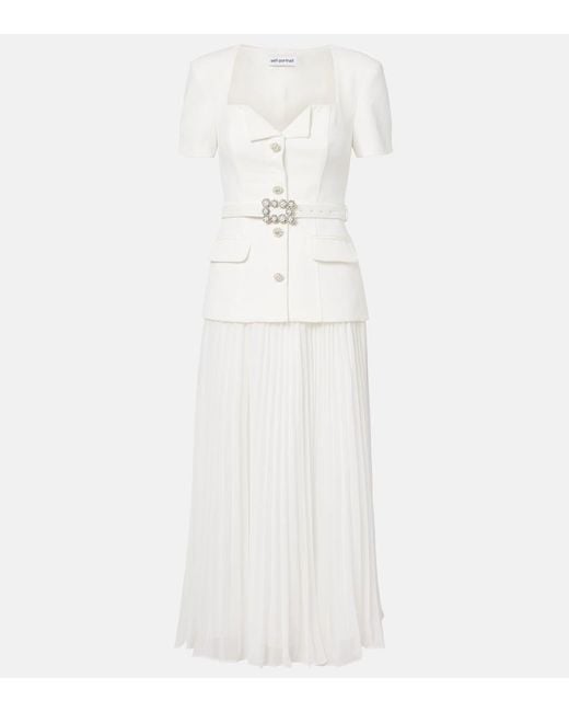 Self-Portrait White Belted Plisse Crepe Maxi Dress