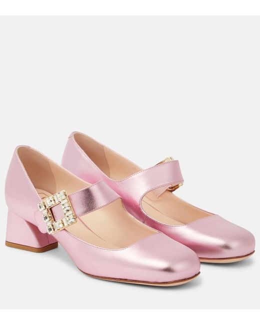 Roger Vivier Pink Tres Vivier Metallic Leather Mary Jane Pumps