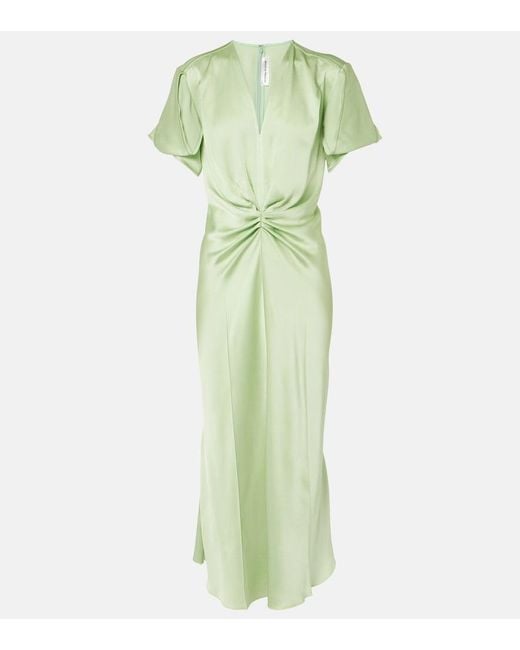 Victoria Beckham Green Gathered Crepe Satin Midi Dress