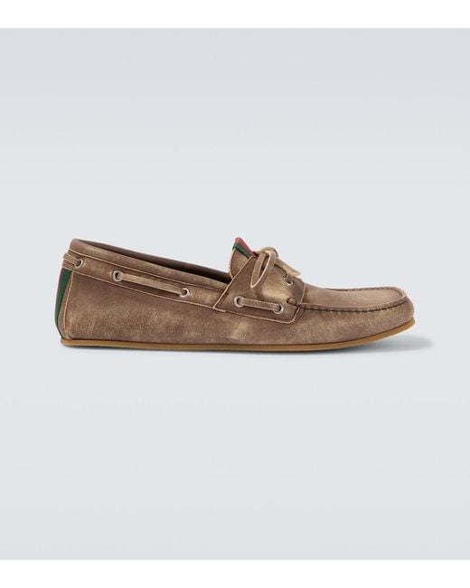 Gucci White Web Stripe Leather Boat Shoes for men
