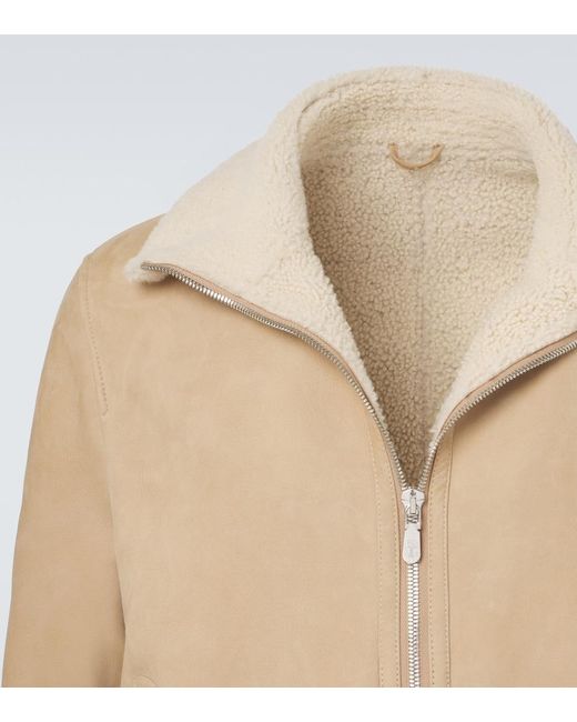 Brunello Cucinelli Natural Shearling-Lined Suede Bomber Jacket for men