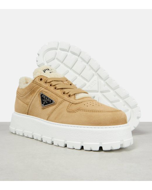 Prada Natural Suede Shearling Sneakers