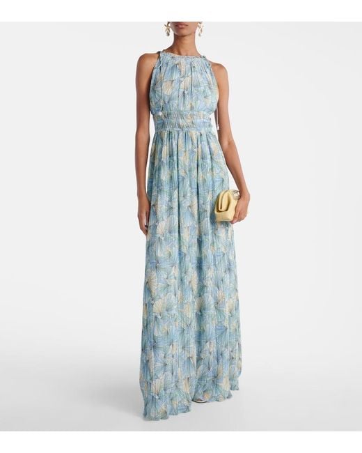Veronica Beard Blue Yardley Floral Pleated Chiffon Gown