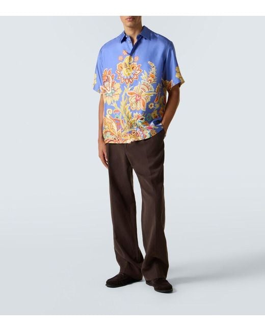 Etro Blue Floral Silk Bowling Shirt for men
