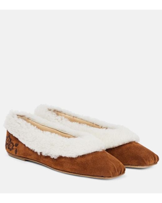 Magda Butrym Brown Embroidered Shearling Ballet Flats