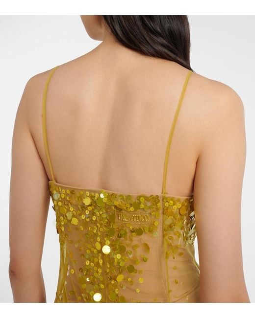 The Attico Yellow Sequined Sheer Mesh Gown