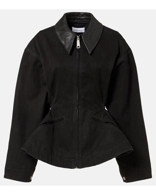 McQueen Black Paneled Leather-Trimmed Cotton-Canvas Peplum Jacket