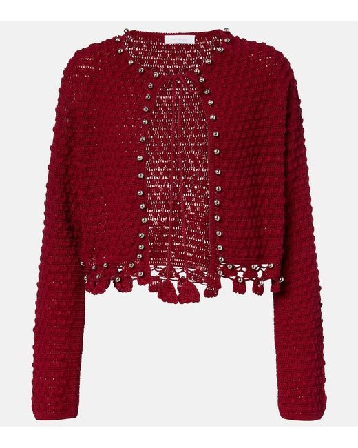 Rabanne Red Studded Crochet Cotton Cardigan