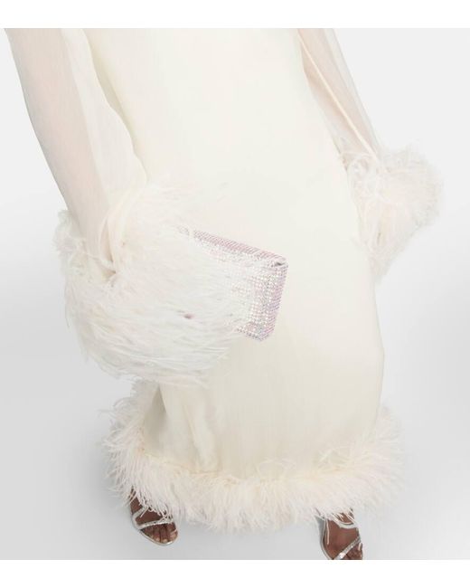 ‎Taller Marmo White Gina Venti Feather-trimmed Silk Midi Dress