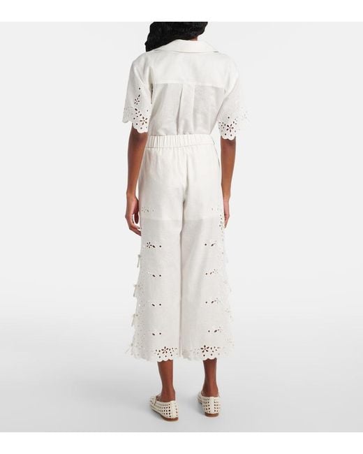 Self-Portrait White Embroidered Linen And Cotton Wide-Leg Pants