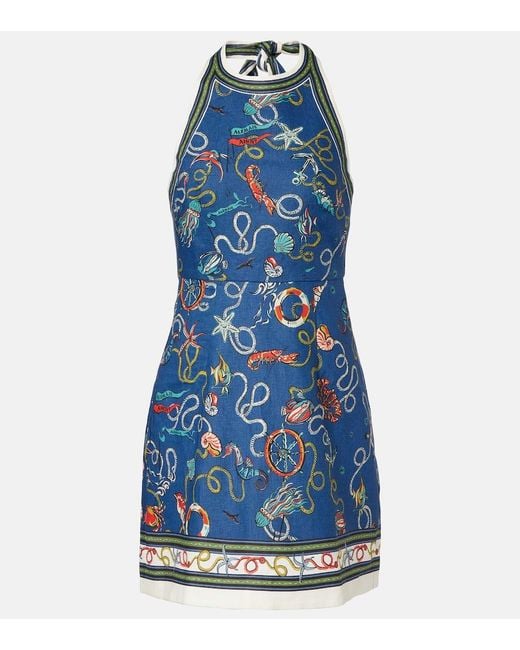 ALÉMAIS Blue Cove Printed Halterneck Linen Minidress
