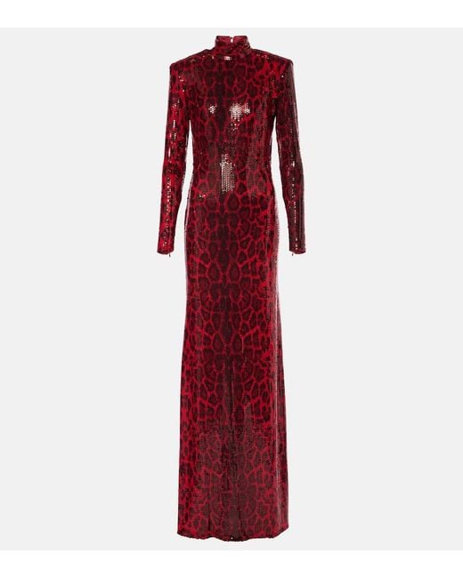 The New Arrivals Ilkyaz Ozel Red Sequined Leopard-Print Open-Back Gown