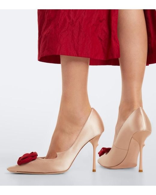 Roger Vivier Pink Rose Vivier Floral-Applique Satin Pumps