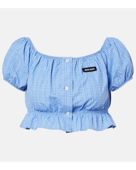 Miu Miu Blue Checked Cotton Poplin Crop Top