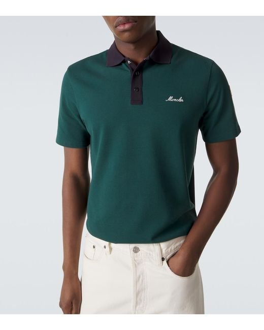 Moncler Green Embroidered Cotton Pique Polo Shirt for men