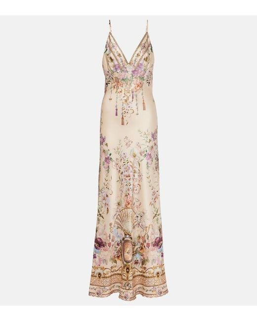 Camilla Natural Embellished Floral Silk Slip Dress