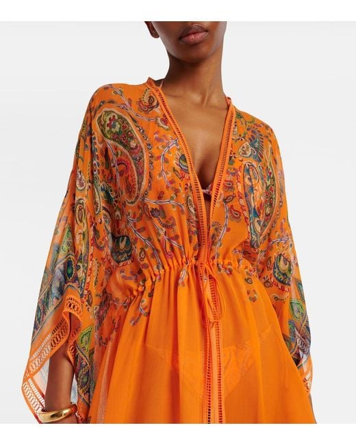 Etro Orange Embroidered Semi-Sheer Beach Cover-Up