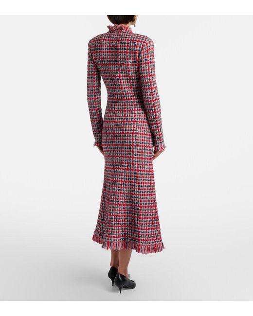 Self-Portrait Red Checked Frayed Knitted Midi Dress