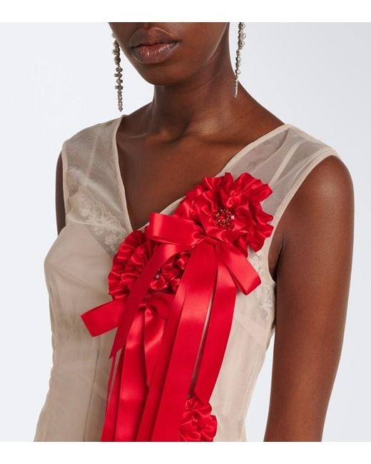 Simone Rocha Red Embellished Floral-Applique Tulle Midi Dress
