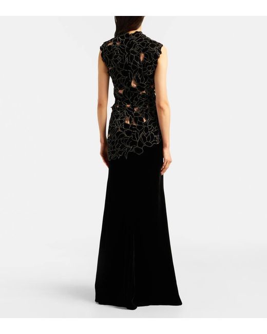 Costarellos Black Serisa Embellished Lace-Trimmed Velvet Gown