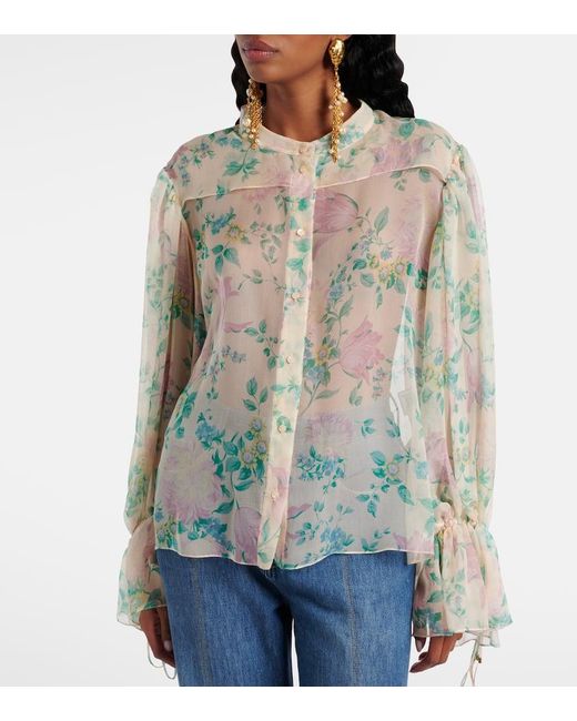Chloé Multicolor Bluse Aus Transparentem Seidenmusselin Mit Pfingstrosenmotiv
