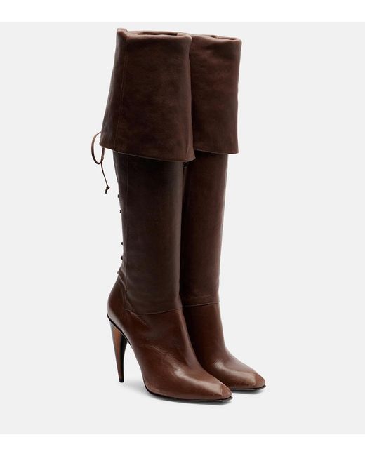McQueen Brown Horn Lace-Up Leather Knee-High Boots