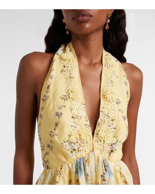 Camilla Metallic Embellished Floral Halterneck Linen Minidress