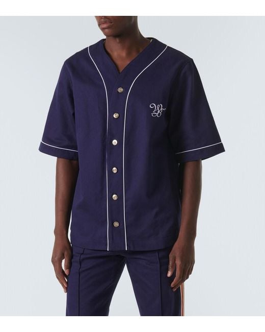 Wales Bonner Blue Logo-Embroidered Cotton-Drill Baseball Shirt for men