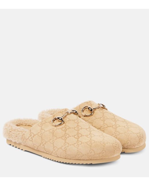 Gucci Natural Horsebit GG Suede Mules