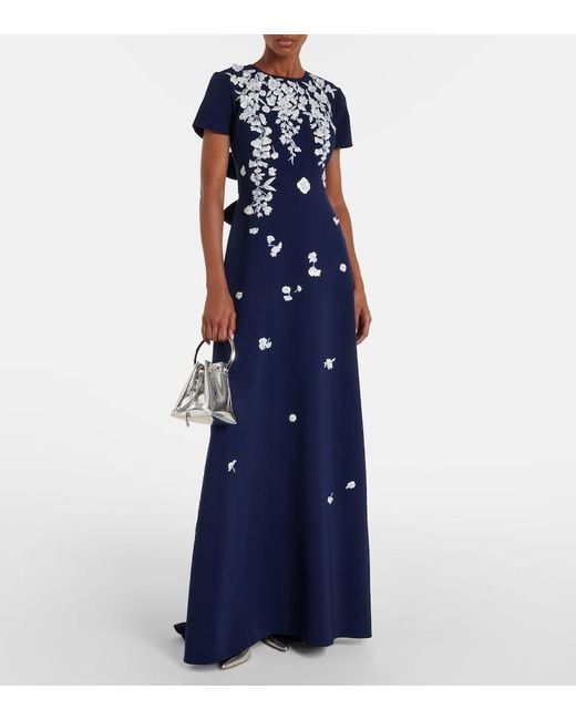 Carolina Herrera Blue Embroidered Bow-Detail Gown