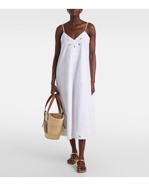 Juliet Dunn White Embroidered Cotton Poplin Midi Dress
