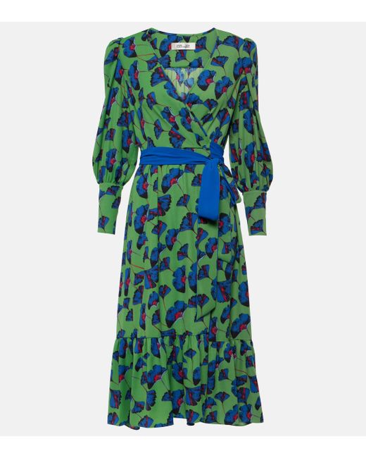 Diane von Furstenberg Green Blade Printed Crepe Wrap Dress