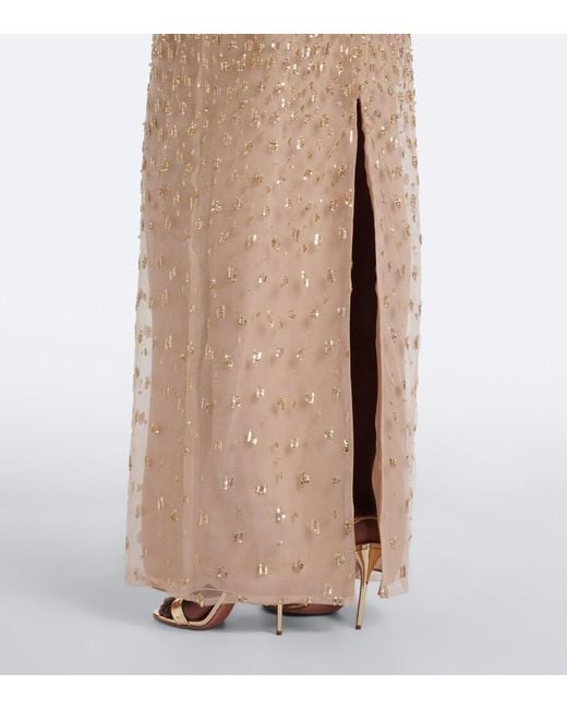 Monique Lhuillier Natural Embellished Peplum Bustier Gown