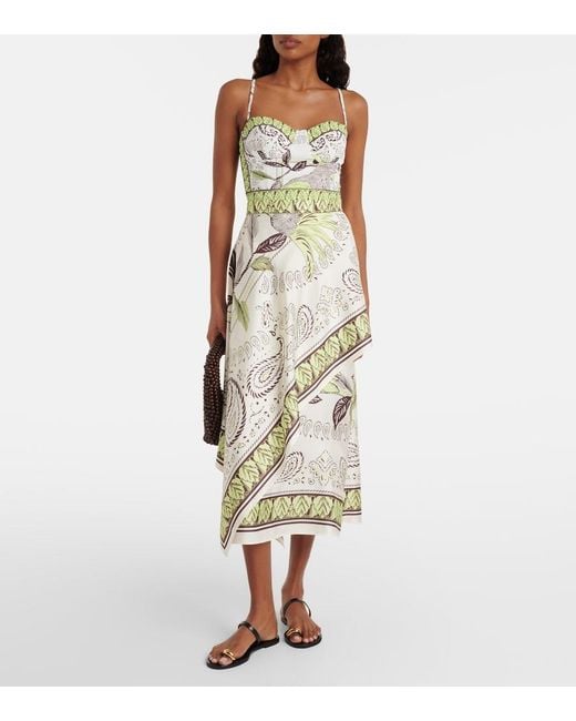 Tory Burch White Printed Silk Satin Midi Skirt
