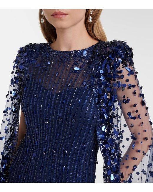 Jenny Packham Blue Caped Embellished Gown