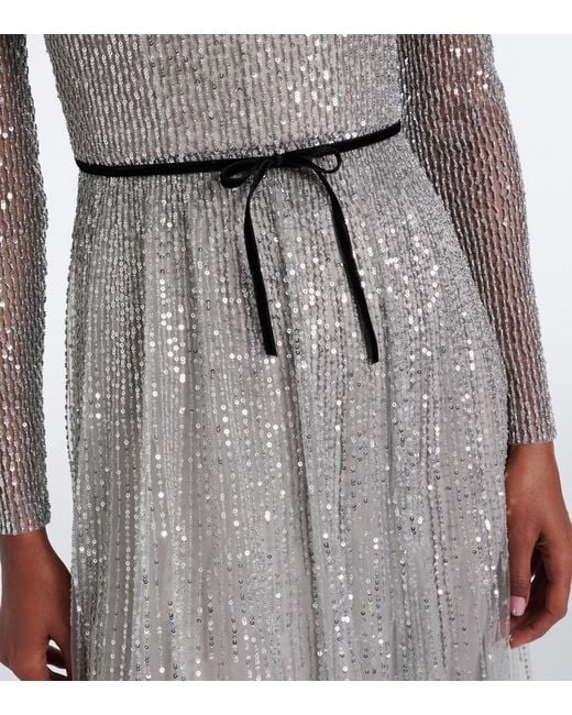 Monique Lhuillier Gray Bow-Detail Sequined Tulle Bustier Gown