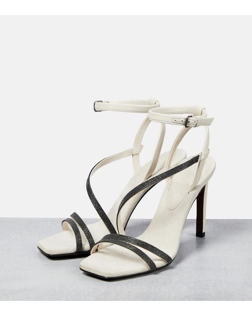 Brunello Cucinelli White Embellished Leather Sandals