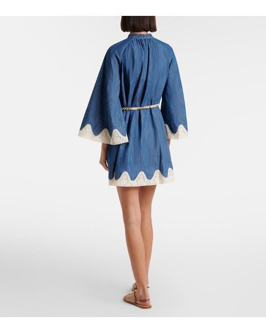 Zimmermann Blue Awaken Belted Lace-Trimmed Denim Minidress