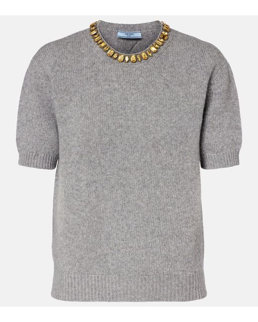 Prada Gray Embellished Wool And Cashmere Sweater