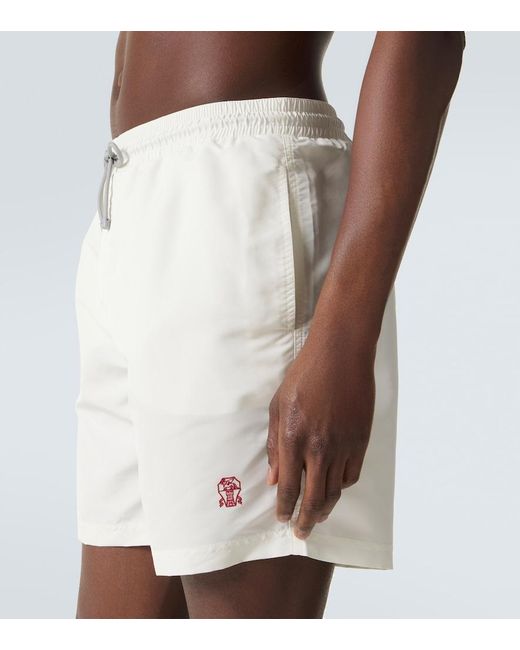 Brunello Cucinelli White Logo Swim Trunks for men