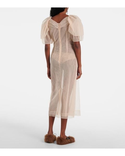 Simone Rocha Natural Embellished Ruched Mesh Midi Dress